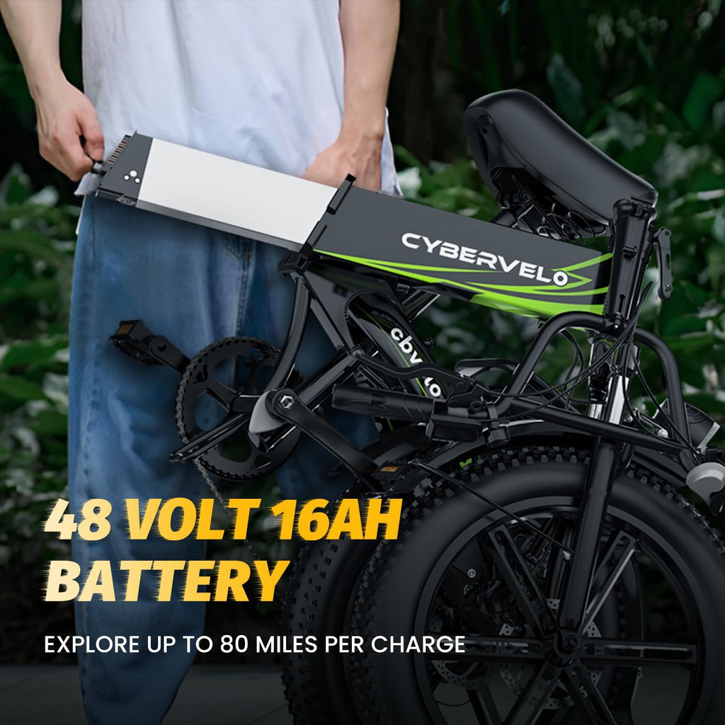 Cybervelo 750W Folding Electric Bike, 48V 20.8AH/50AH Large Removable Battery E-Bike, 80 Miles Max Range, 20' Fat Tire Electric Bike for Adults, Adult Electric Bicycles for Commute