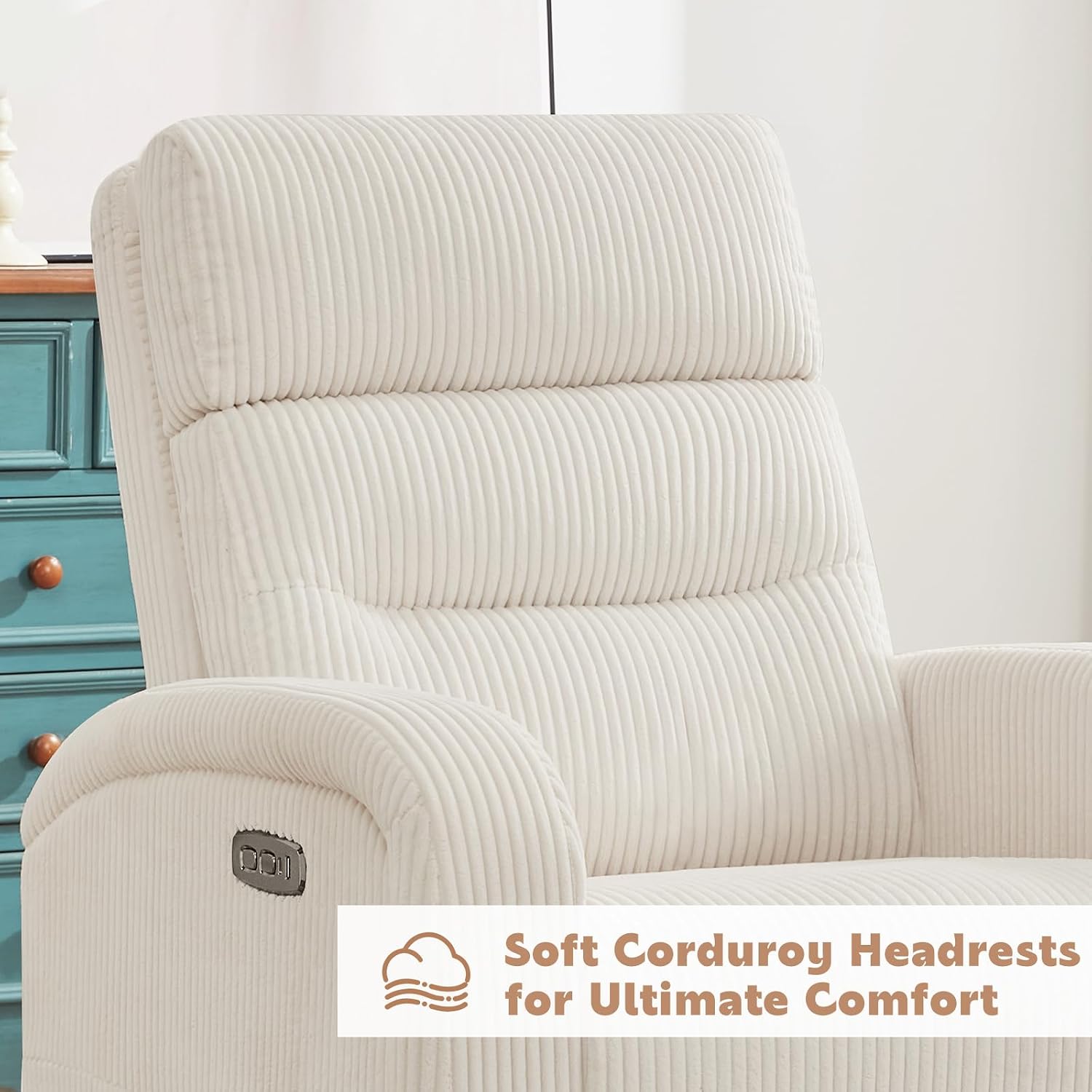 Power Swivel Rocker Recliner Chair for Nursery, Swivel Reclining Rocking Chairs, Electric Glider for Living Room, Upholstered Recliner Chairs for Bedroom, Corduroy White