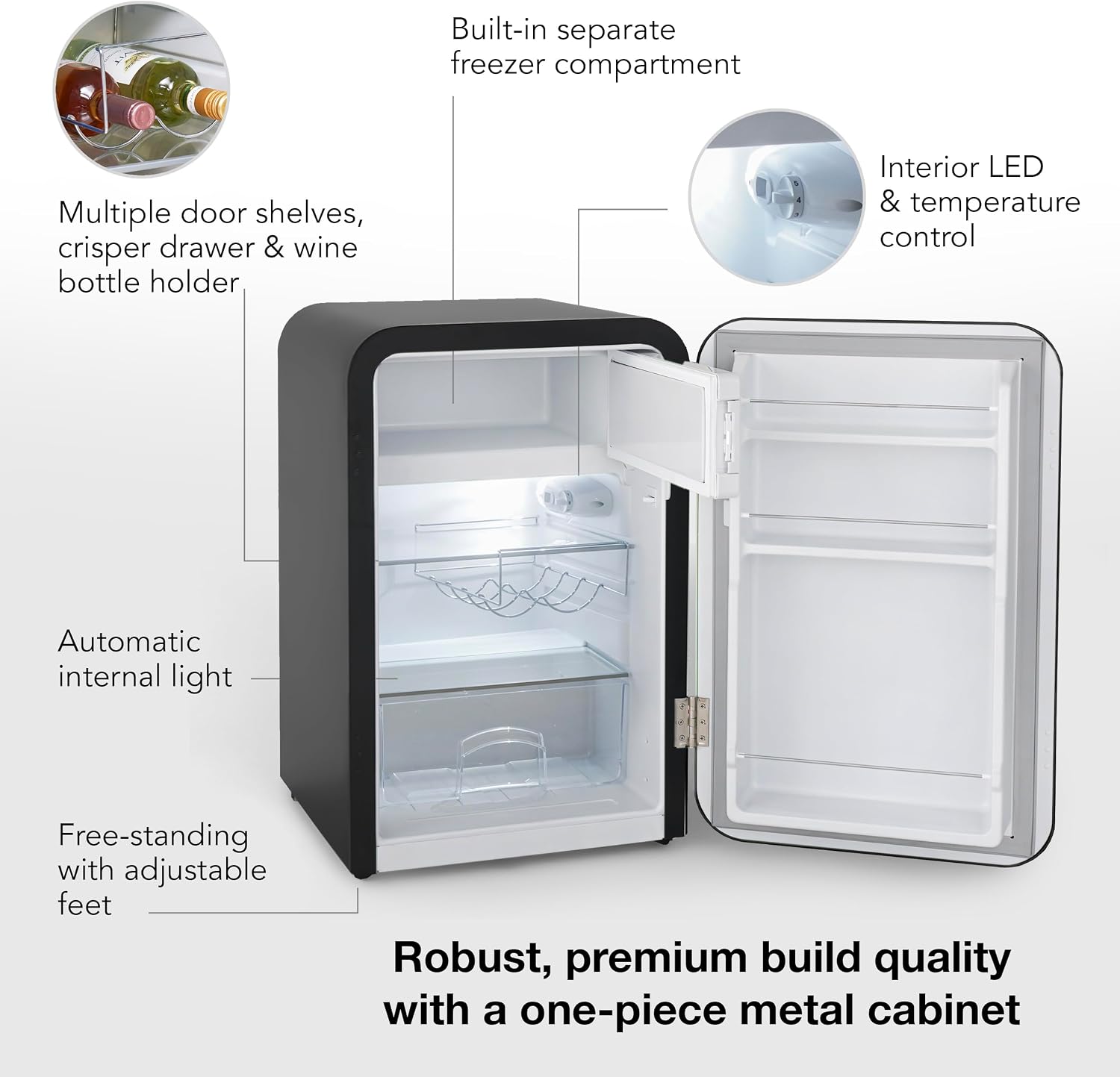 Cooluli Curve 3.8 cu ft Mini Fridge with Freezer - Small Refrigerator for Bedroom, Office, Dorm Room (Black, 3.2 cu.ft Refrigerator, 0.6 Freezer)