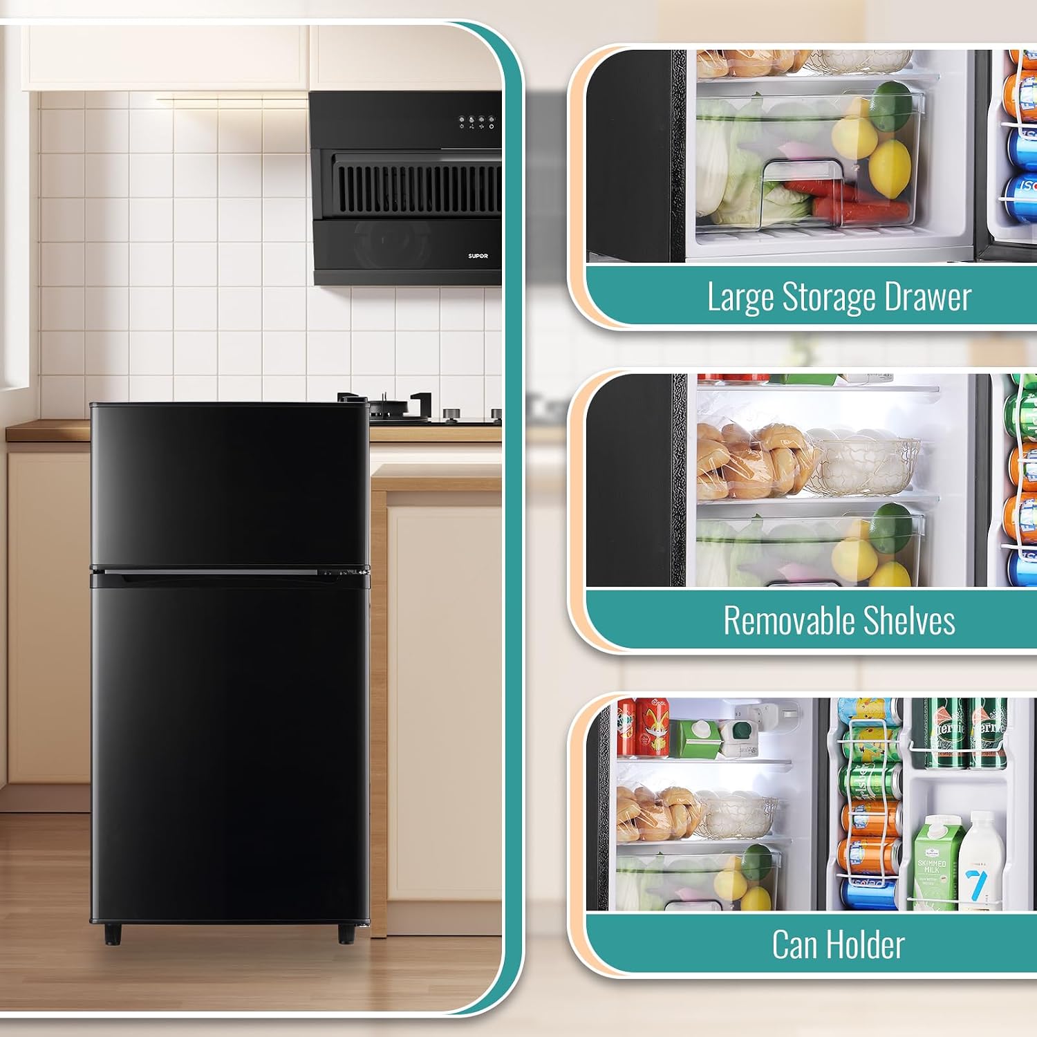 WANAI 3.5 Cu.Ft Mini Fridge Compact Refrigerator with Freezer, 7 Level Adjustable Thermostat Removable Shelves Small Refrigerator for Office Dorm Apartment Matte Black