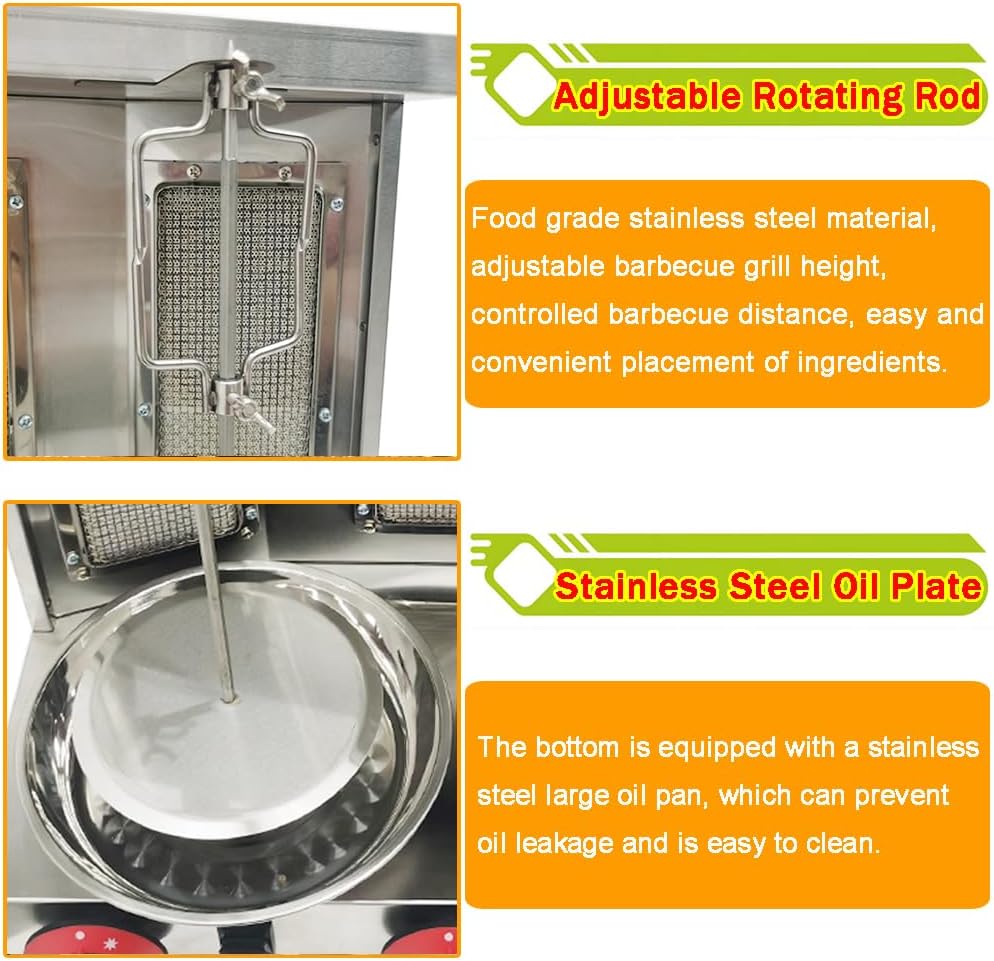 Shawarma Grill Machine LP Gas Turkish Barbecue Shawarma Rotisserie Countertop Rotating Doner Kebab Gyro Grill Oven Vertical Broiler with 3 Burners for Home Kitchen Restaurant Party