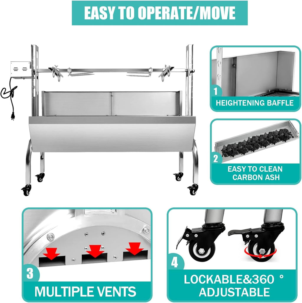 Stainless Steel Rotisserie Grill with Wind Deflector, 25W Motor Small Pig Whole Lamb Rotisserie Roaster, 80kg BBQ Charcoal Rotisserie Roaster Grill for Camping Outdoor Kitchen