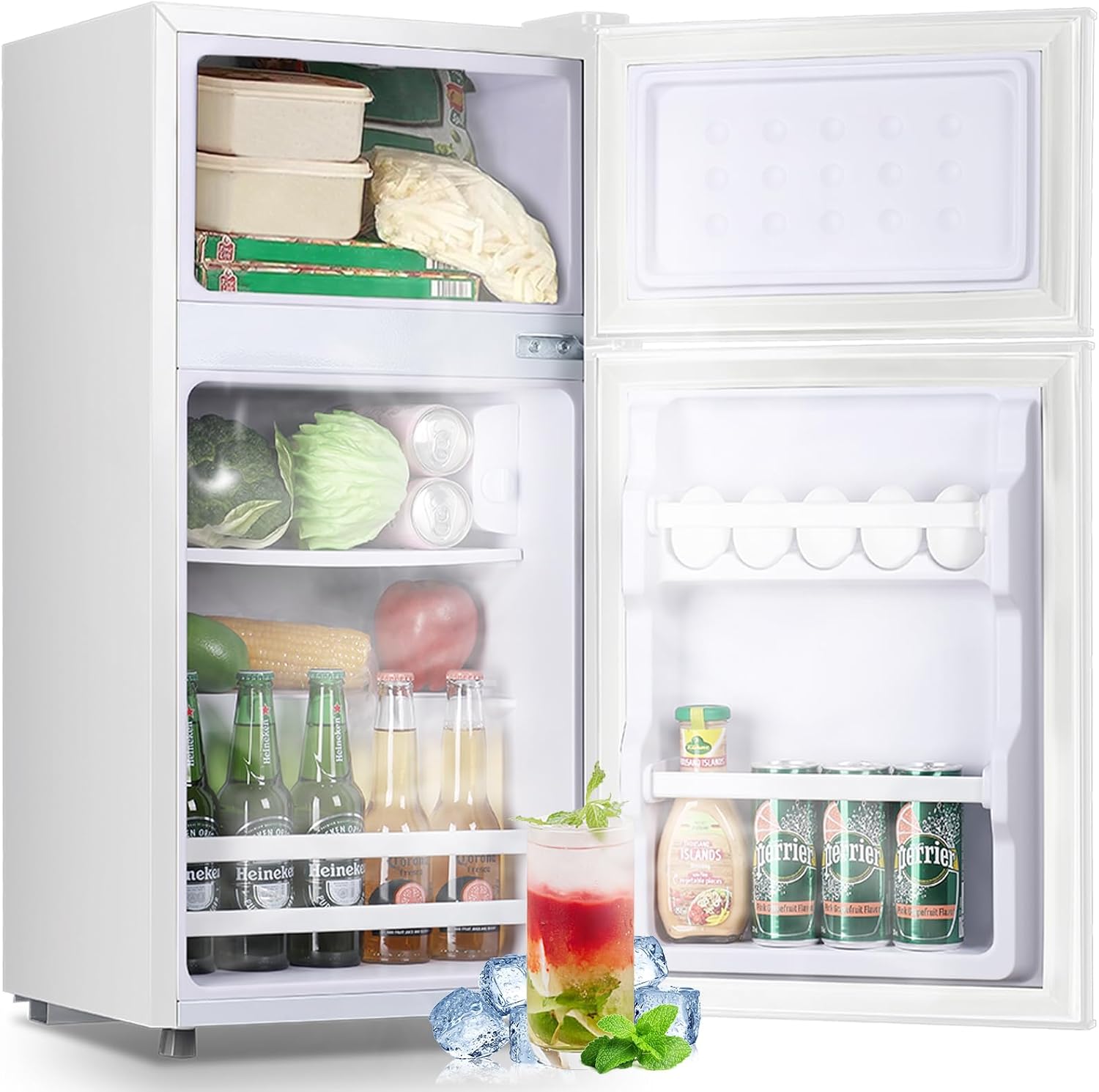 DEMULLER Retro Mini Fridge with Freezer Dual Door Apartment Size Small Refrigerator with Egg Tray, Dorm Fridge with Removable Plastic Shelves, 2.4Cu.ft, 14.96' D x 14.57' W x 30.8' H, White
