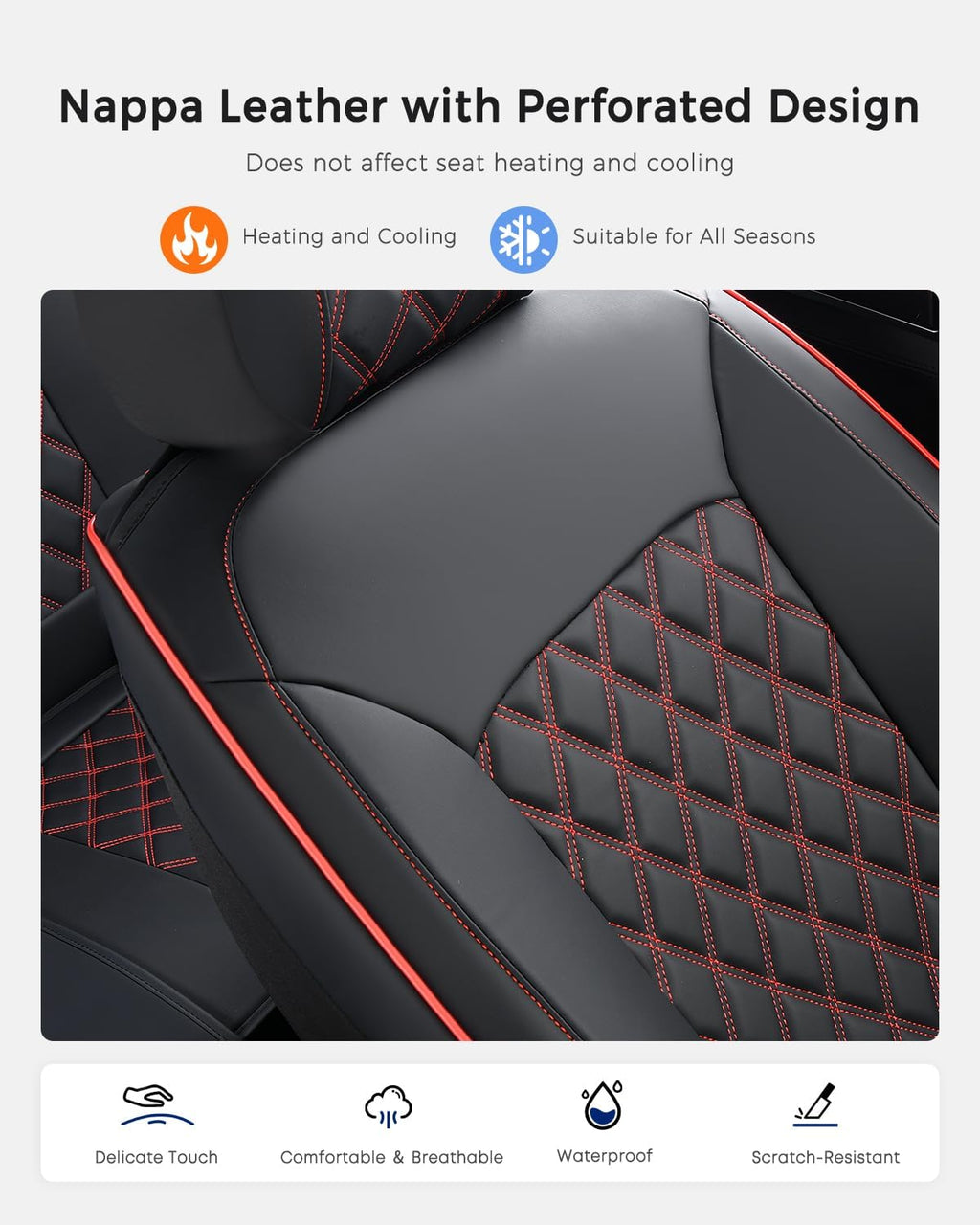 Huidasource Seat Covers, Nappa Leather Car Seat Covers, Velcro Adjustable, Compatible with Airbags, Child Seat, Seat Belts, Fit for Most Cars, Vans, Trucks, SUVs (Full Set/Black&Red)