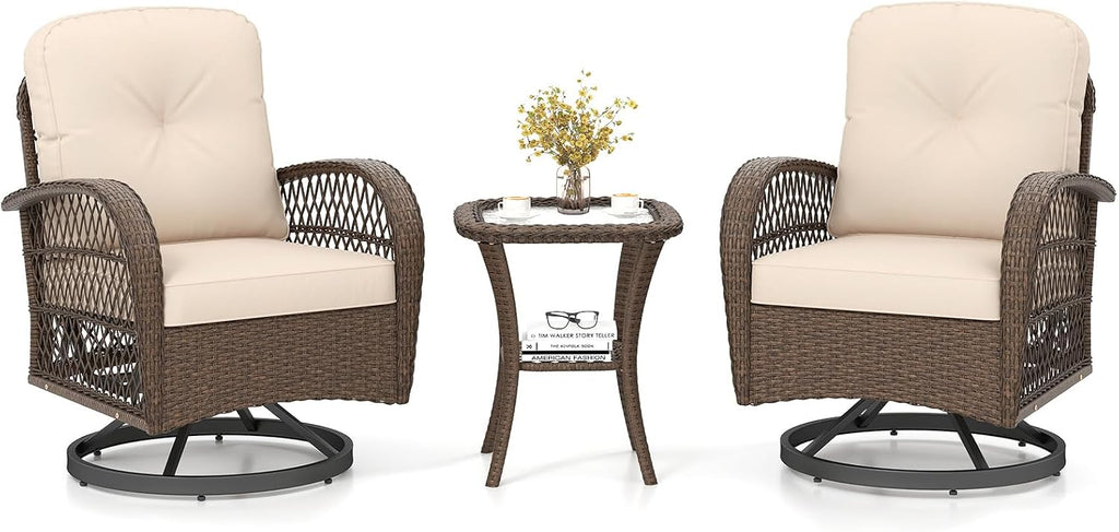 Tangkula 3 Piece Patio Swivel Rocker Set, 2 Outdoor Wicker Rocking Chairs with Tempered Glass Side Table, Outside Gliding Bistro Furniture Set with Thick Cushions for Porch, Yard, Balcony (Beige)