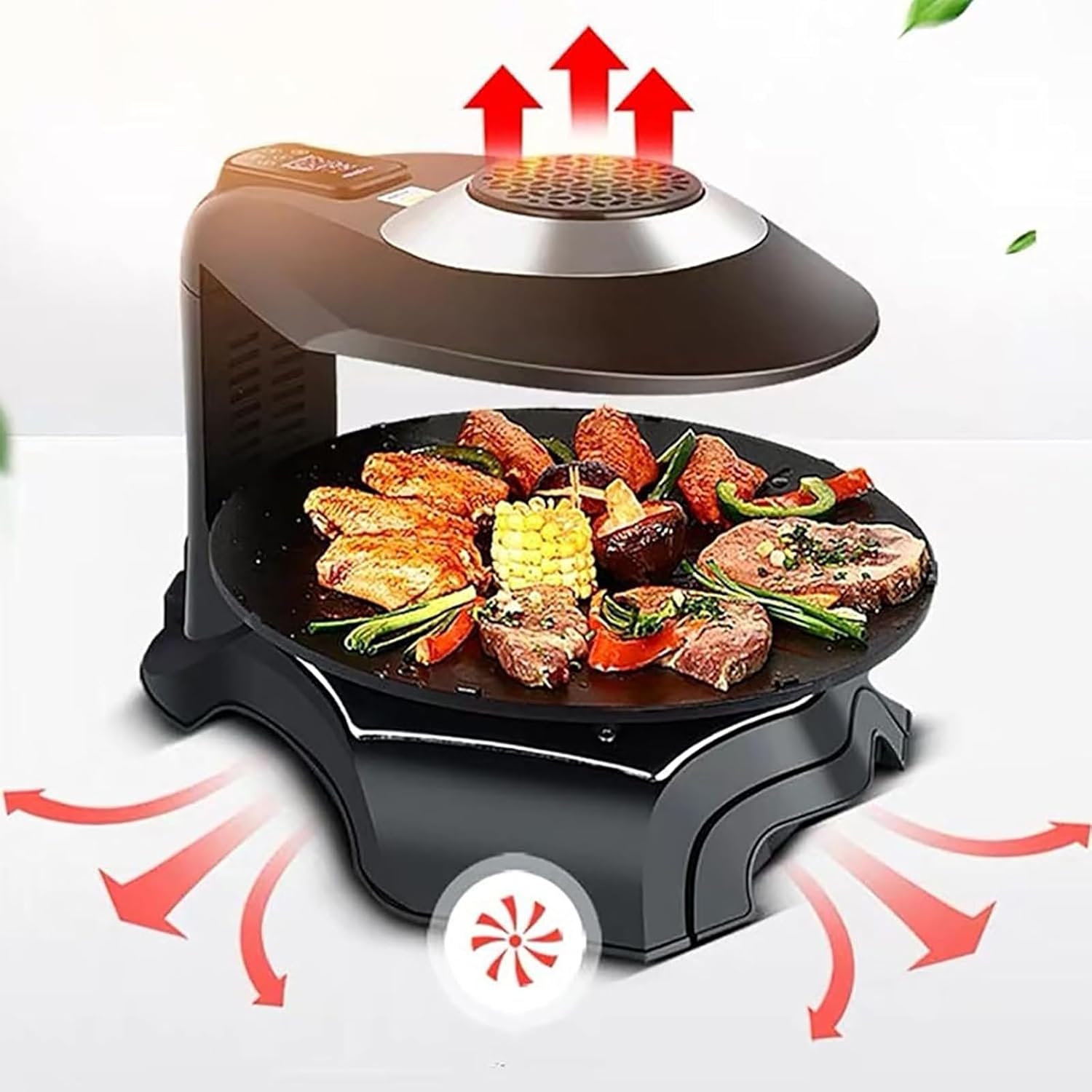 ERICAT Smokeless Indoor Grill, 1400W Smokeless Barbecue Machine with LCD Display Screen, 360° Automatic Rotating Baking Pan and Adjustable Temperature Range, Removable Baking Pan, for Party, Camping