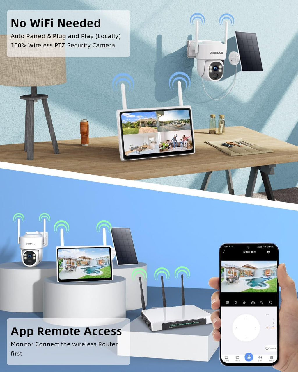 Solar Security Cameras Wireless Outdoor, 4MP FHD Battery Powered Home Security Camera System with 10' Monitor, 4-Cam kit, 360° View, Full Color Night Vision, Motion Detection, Work with Alexa