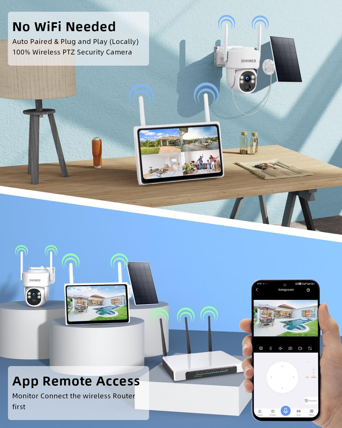 Solar Security Cameras Wireless Outdoor, 4MP FHD Battery Powered Home Security Camera System with 10' Monitor, 4-Cam kit, 360° View, Full Color Night Vision, Motion Detection, Work with Alexa