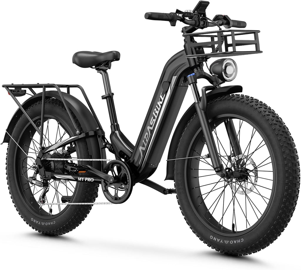 Aipas M1 Pro Electric Bike, 1800W Peak Motor Electric Bike for Adults, 26'' x 4.0'' Fat Tire Ebike, 48V 17.5Ah Electric Mountain Bike, 36MPH, 85 Miles Electric Bicycle, 7 Speed, 110NM with Rear Basket