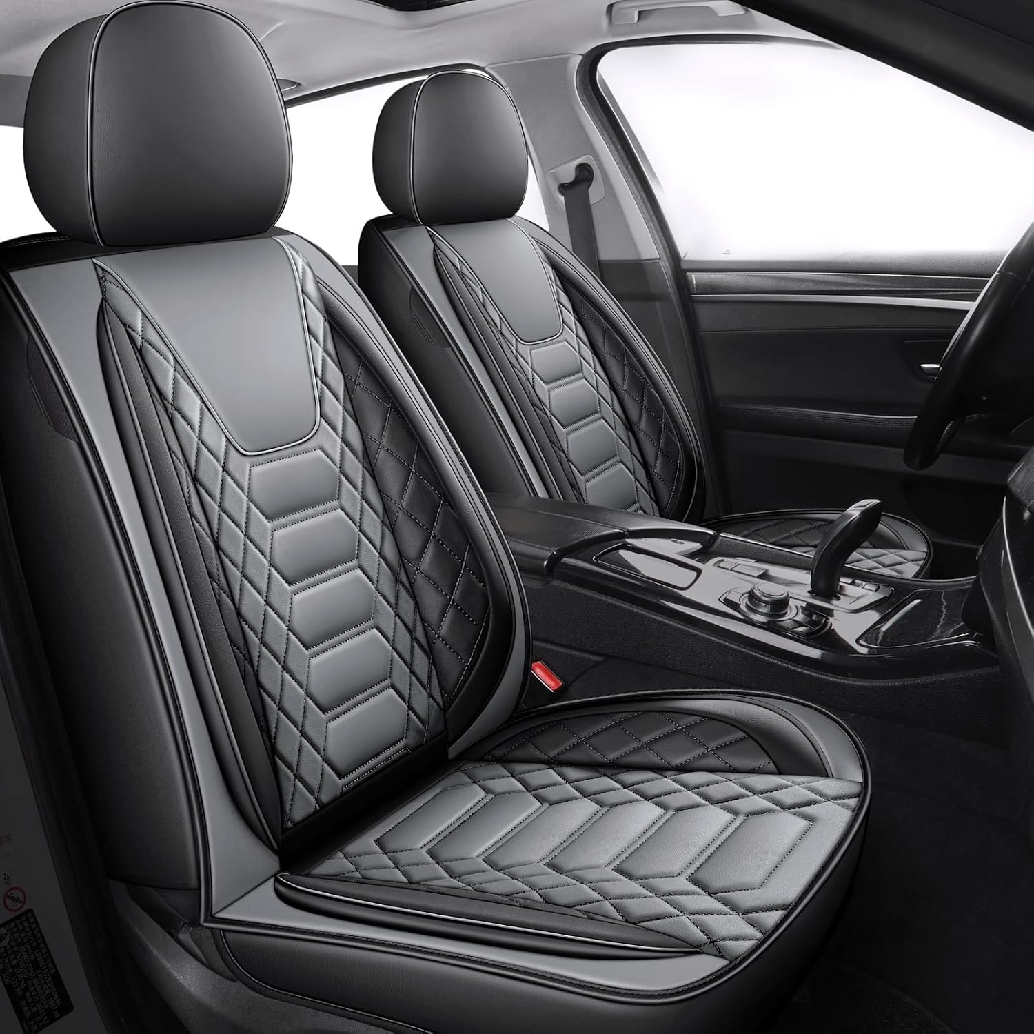 FREESOO Car Seat Covers Leather Seat Cover Full Set Automotive Seat Cover Protector Accessories Airbag Compatible Universal Fit for 5 Seats Black Grey