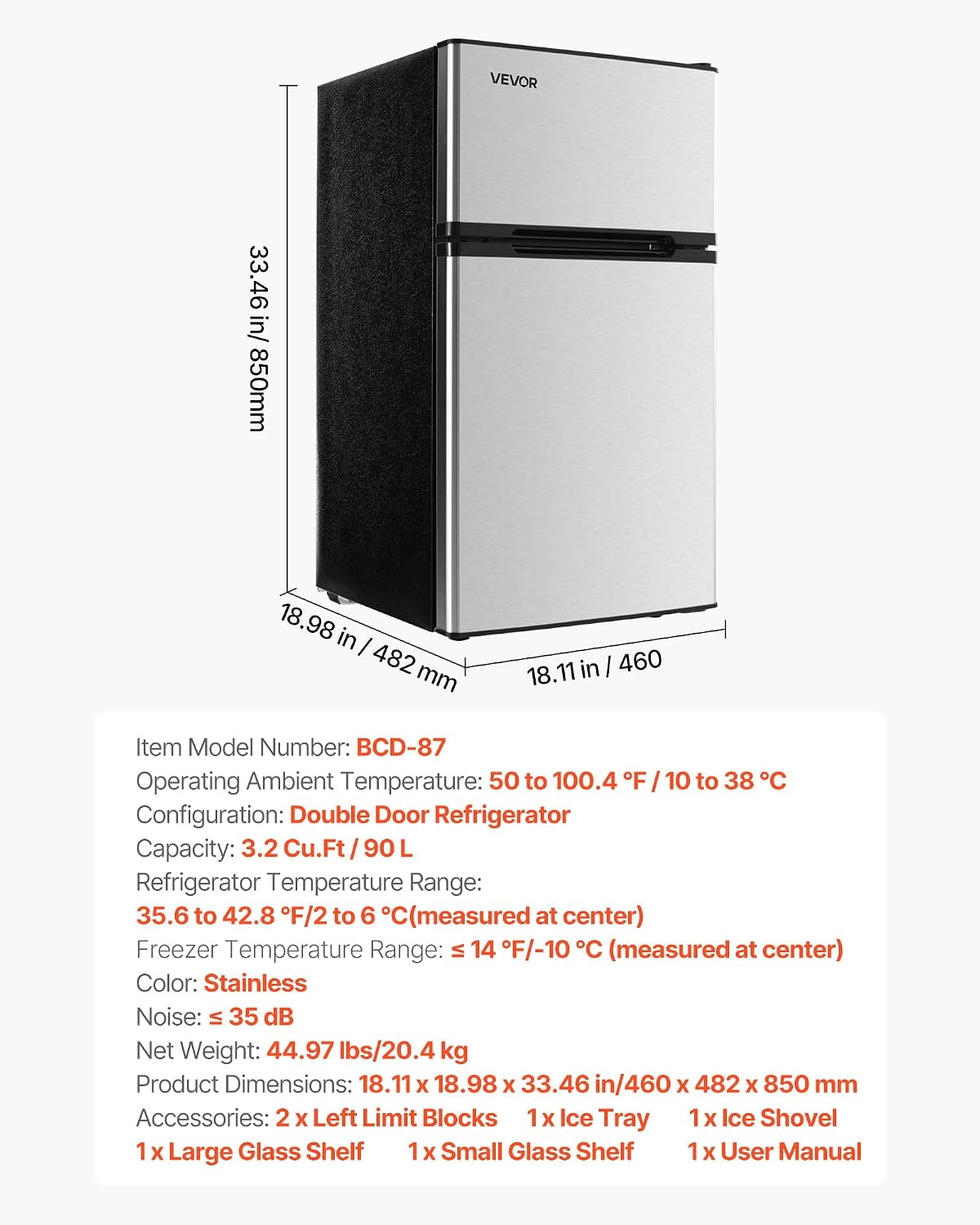 VEVOR Mini Fridge with Freezer, 3.2 Cu.Ft, Dual Zone Compact Refrigerator, 3 Modes Adjustable Temp, Energy Efficient Small Fridge, Reversible Door, Low Noise, for Bedroom, Dorm, Brushed Stainless