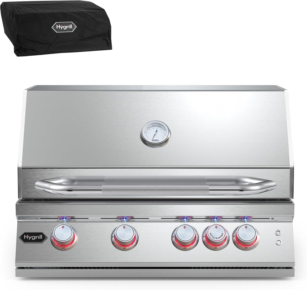 Hygrill Premium XTR 32-Inch Built In Grill, Stainless Steel 4-Burner Grill Head for Outdoor Kitchen with Rear Infrared Burner and LED Lights, Natural Gas