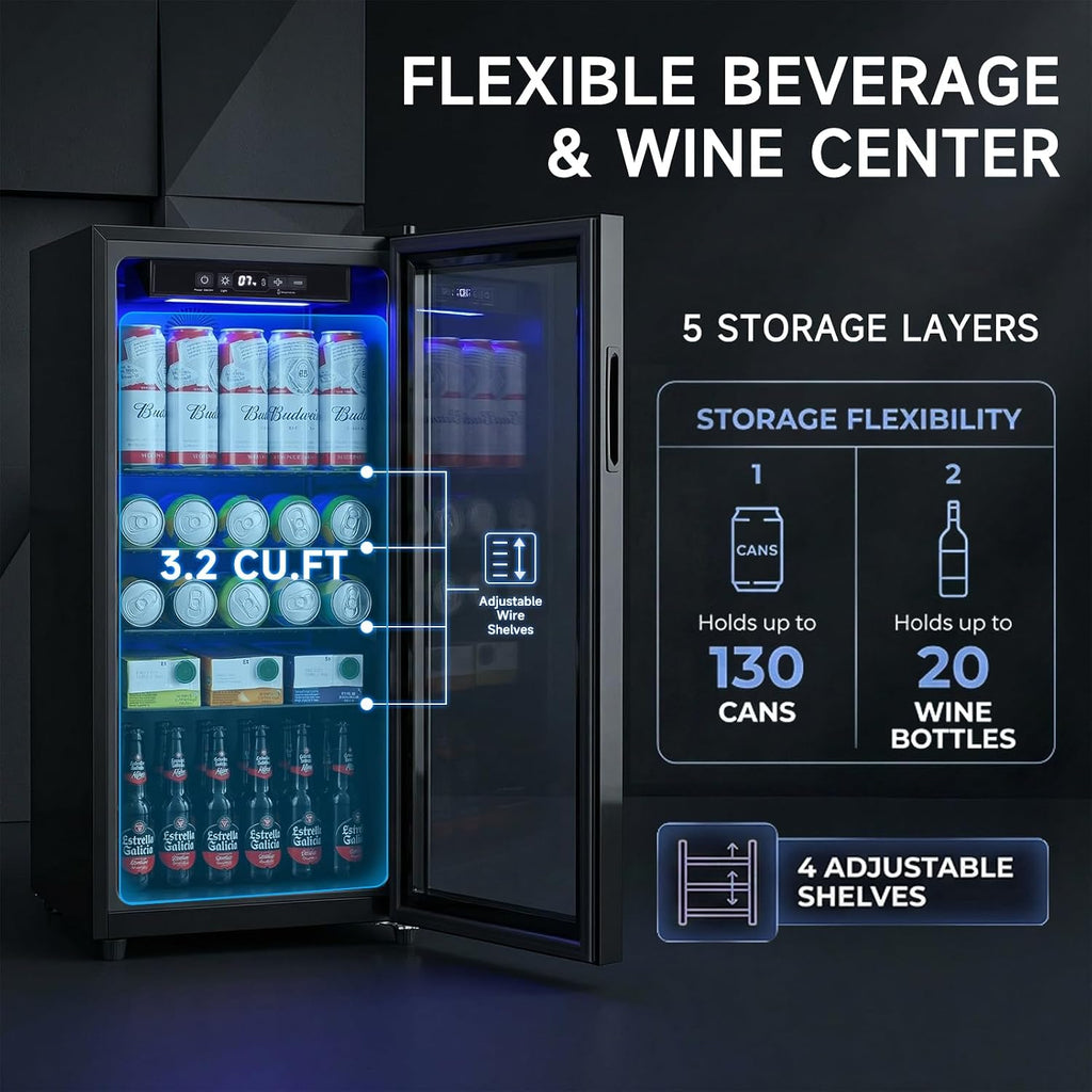 Anypro Mini Fridge 130 Can Beverage Refrigerator Cooler, 3.2 Cu.Ft Drink Fridge for Soda Wine Beer, Beverage Fridge with Glass Door for Home Office Bar, Digital Temperature Control, Adjustable Shelves