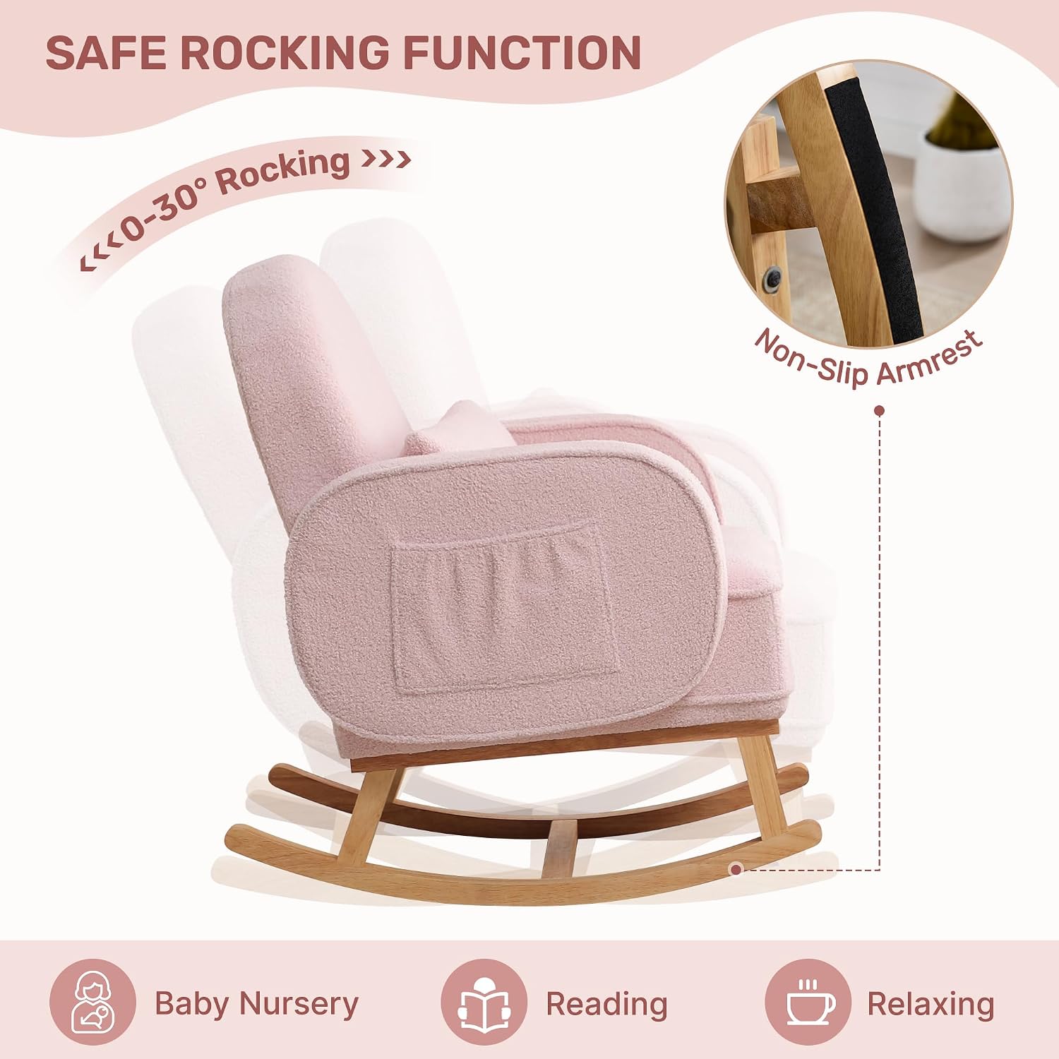 HCHAIRH Rocking Chair Nursery with Ottoman, Upholstered Glider Rocker with High Backrest and Side Pocket, Rocking Accent Armchair with Solid Wood Legs for Nursery/Living Room/Bedroom Pink