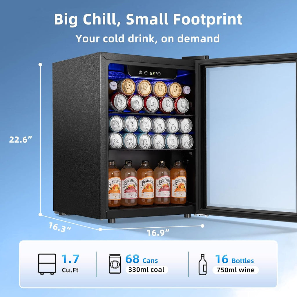 Antarctic Star 1.7 Cu.Ft Beverage Refrigerator 68 Can or 16 Bottle Capacity with Seamless Glass Door, Digital Control & Quiet Compressor, Freestanding Mini Fridge for Bar, Kitchen, Office - Silver