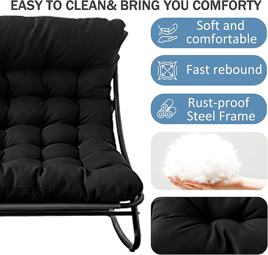 Oversized Papasan Rocker, Comfy Patio Rocking Chair, Outdoor Rocker Chair, Indoor Rocking Egg Chair with Cushion & Ottoman for Bedroom, Living Room, Front Porch (Grey)