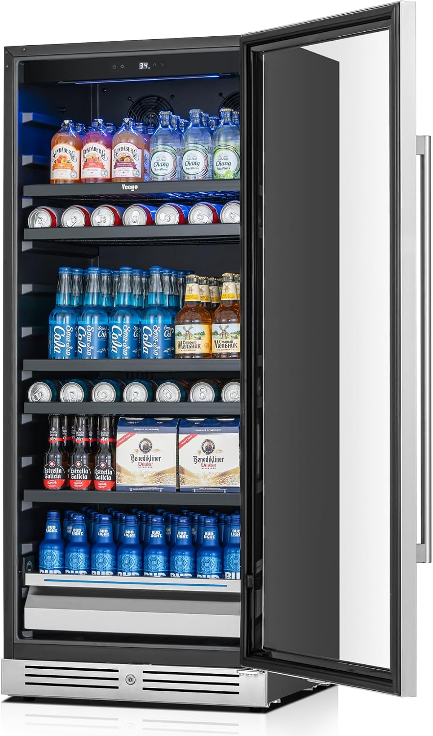 Yeego 24 Inch Beverage Refrigerator, 238 Can Built-In Beverage Cooler with Glass Door & Door Lock, Freestanding Drink Fridge with Digital Temperature Control for Soda, Beer & Wine, Kitchen or Home Bar