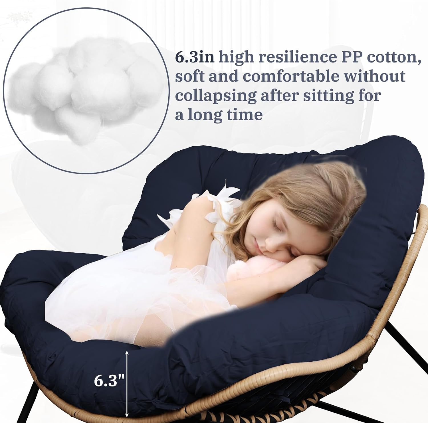 Outdoor Rocking Chair Cushions 6.3' Thick, Only Cushion, Waterproof, Fade-Resistant, Patio Egg Lounge Chair Cushion with 6 Straps, Indoor Papasan Chair Cushion (Navy Blue)