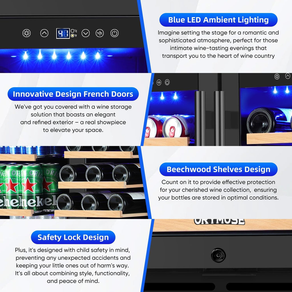 ORYMUSE 30 Inch Dual Zone Wine & Beverage Refrigerator, Built-In or Freestanding Wine Fridge with Seamless Black Stainless Steel Door, Glass Door, Digital Touch Control, Holds 30 Bottles & 110 Cans