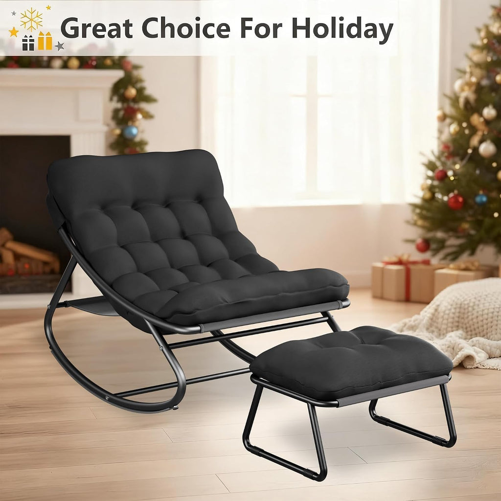 Oversized Patio Rocking Chair with Ottoman, Comfy Lounge Rocker Chair, Outdoor and Indoor Rocking Chairs with Deep Cushion, Metal Egg Chair for Living Room Porch Garden Balcony(Black1)