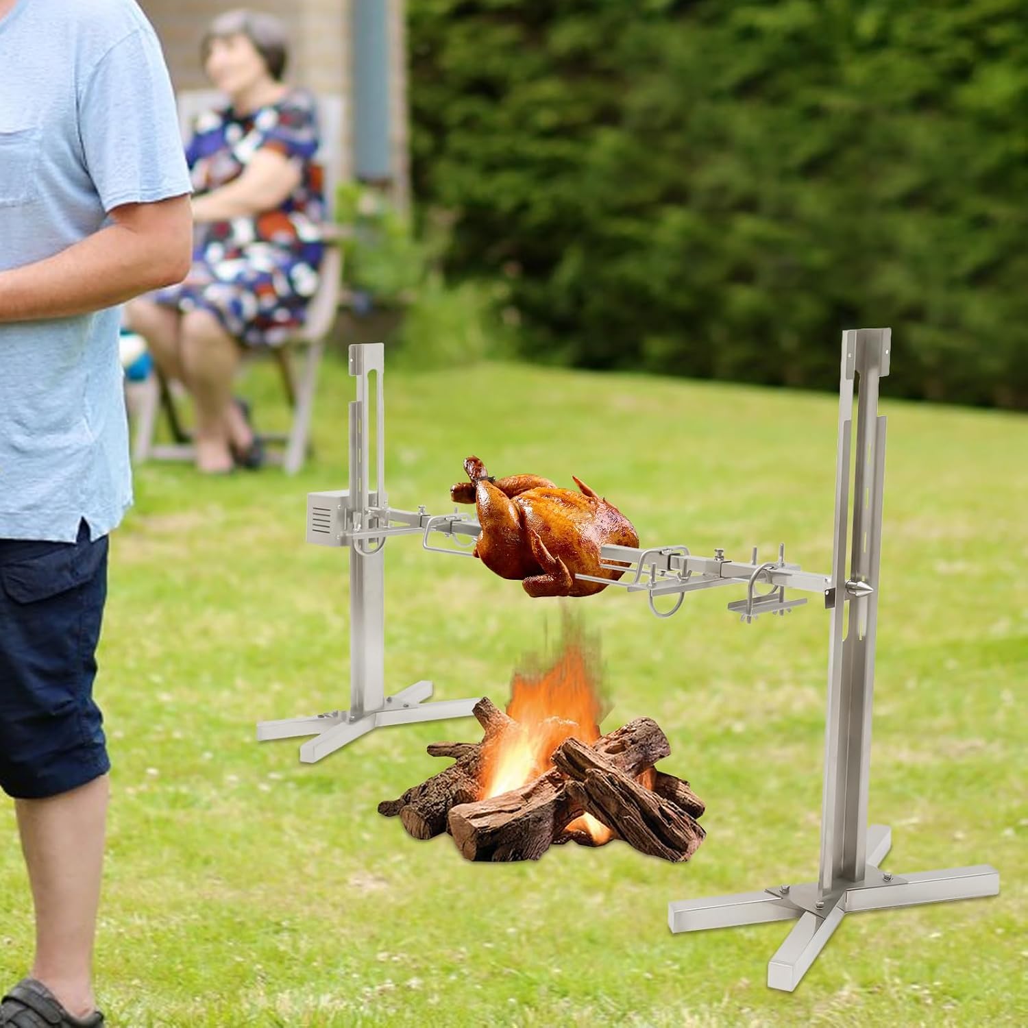 Electric Rotisserie Grill, Automatic 360-Degree Rotation Stainless Steel Rotisserie Stand, Adjustable Height Load 90Lbs Spit Rotisserie BBQ Grill for Roasting Pig Lamb Outdoor Camping Party (Silver)