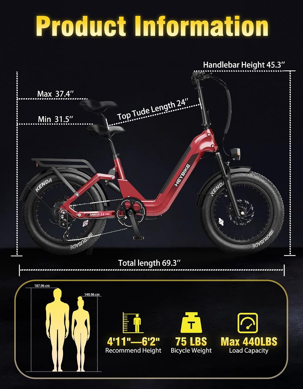 Heybike Ranger Foldable Electric Bike for Adults, 1200W/1800W Peak Motor, 28/32MPH E Bike, 55/90 Miles Range, 20'x4.0' Fat Tire Ebike with Removable Battery, Hydraulic Brakes for Snow, Beach,Commuting