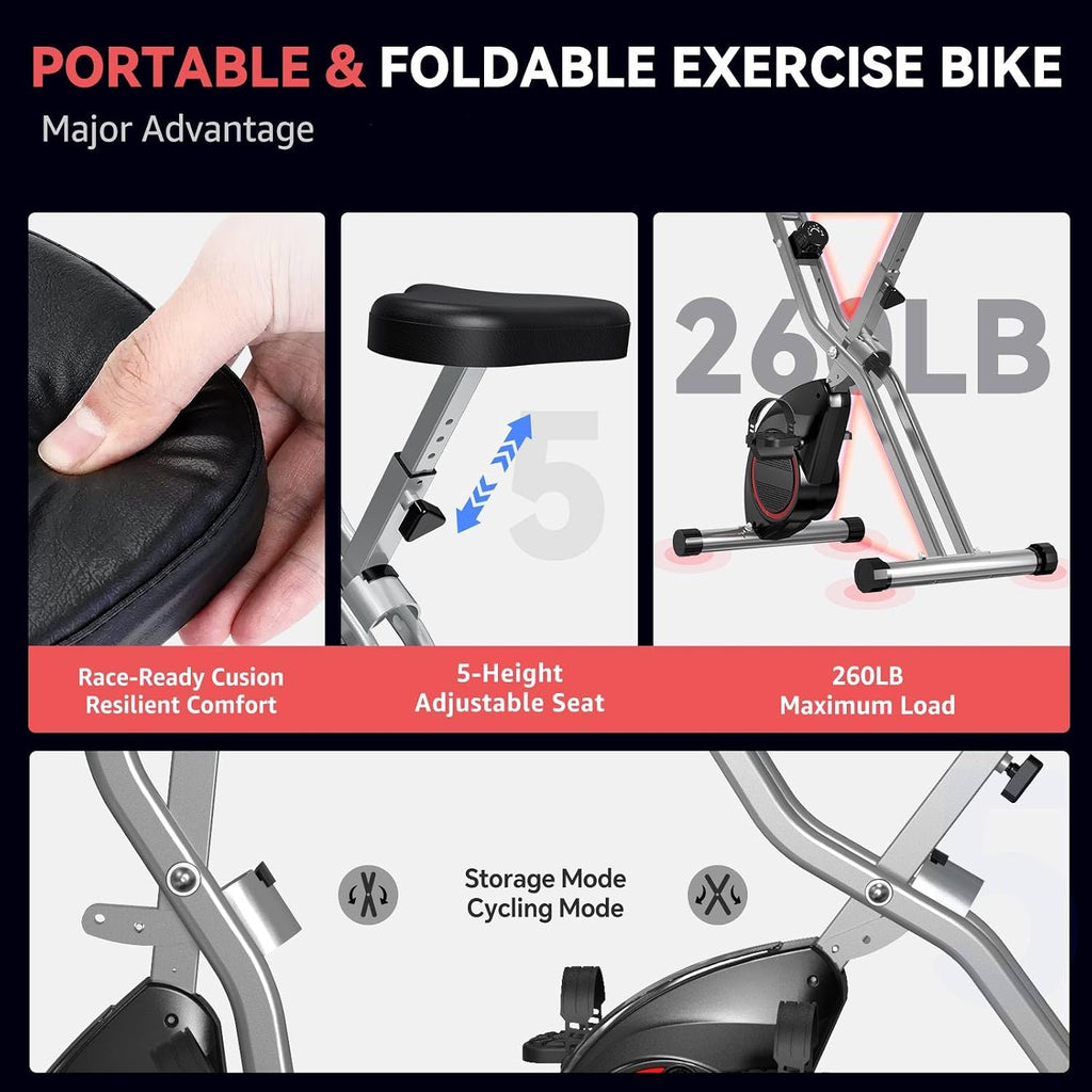 Indoor Exercise Bike Stationary Bikes for Home with 16-Level Magnetic Resistance, Lightweight Foldable Cycling Bike with 70% Pre-Assembled, 260 LBS Capacity, Flywheel of 5.5 LBS for Quiet Home Workout
