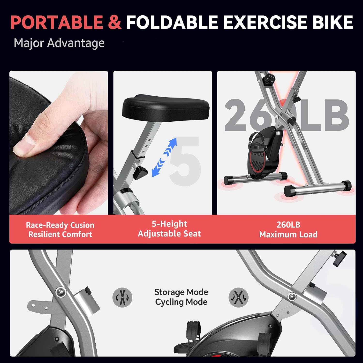 Indoor Exercise Bike Stationary Bikes for Home with 16-Level Magnetic Resistance, Lightweight Foldable Cycling Bike with 70% Pre-Assembled, 260 LBS Capacity, Flywheel of 5.5 LBS for Quiet Home Workout