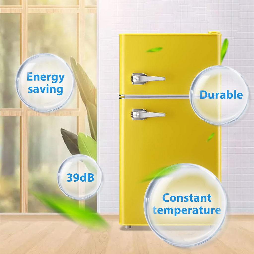 WANAI 3.5 Cu.Ft Mini Fridge with Freezer Small Retro Dual Door Refrigerator Freestanding Compact Refrigerator with Freezer 2 Door Mini Fridge for Bedroom, Dorm, Office, Cream, Yellow