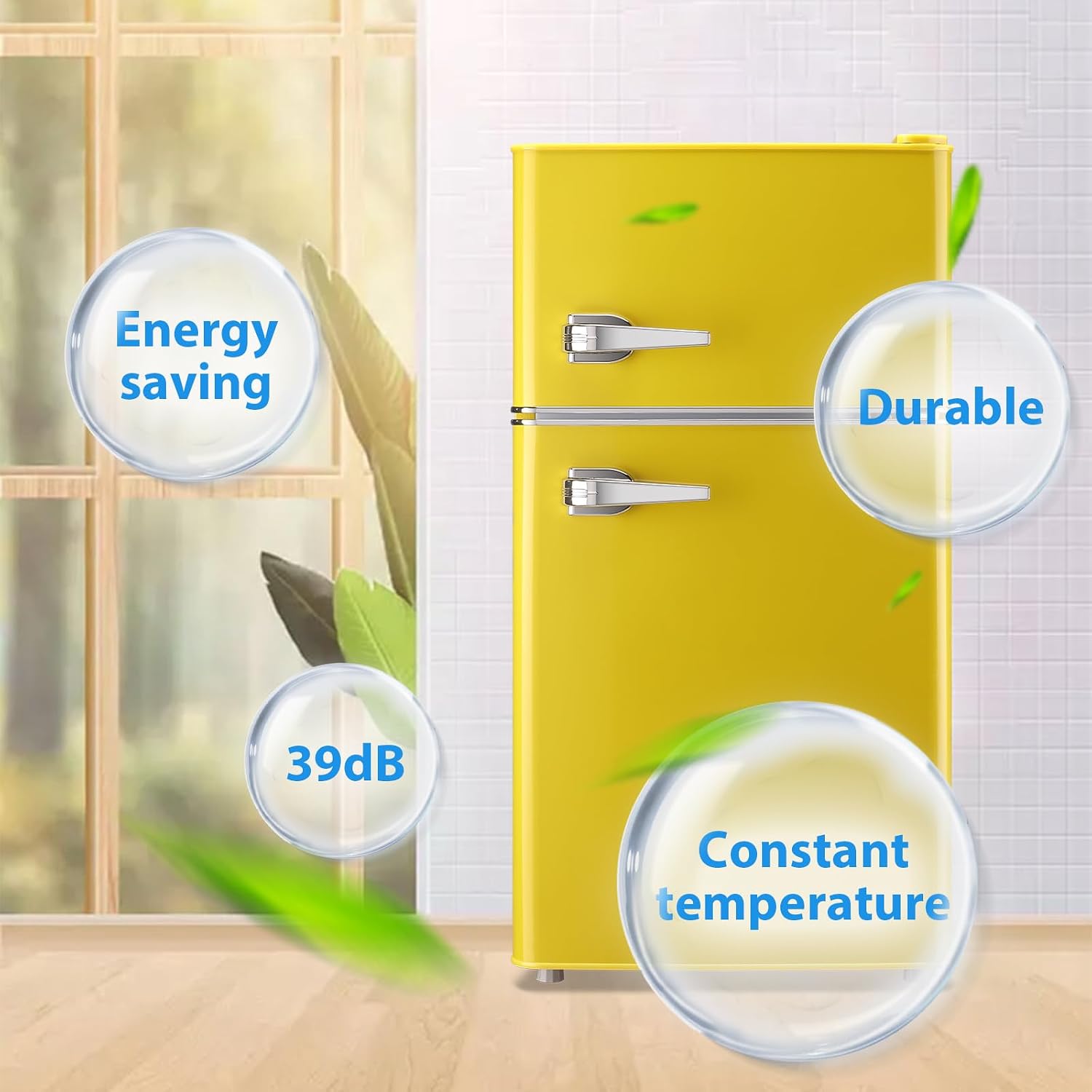 WANAI 3.5 Cu.Ft Mini Fridge with Freezer Small Retro Dual Door Refrigerator Freestanding Compact Refrigerator with Freezer 2 Door Mini Fridge for Bedroom, Dorm, Office, Cream, Yellow
