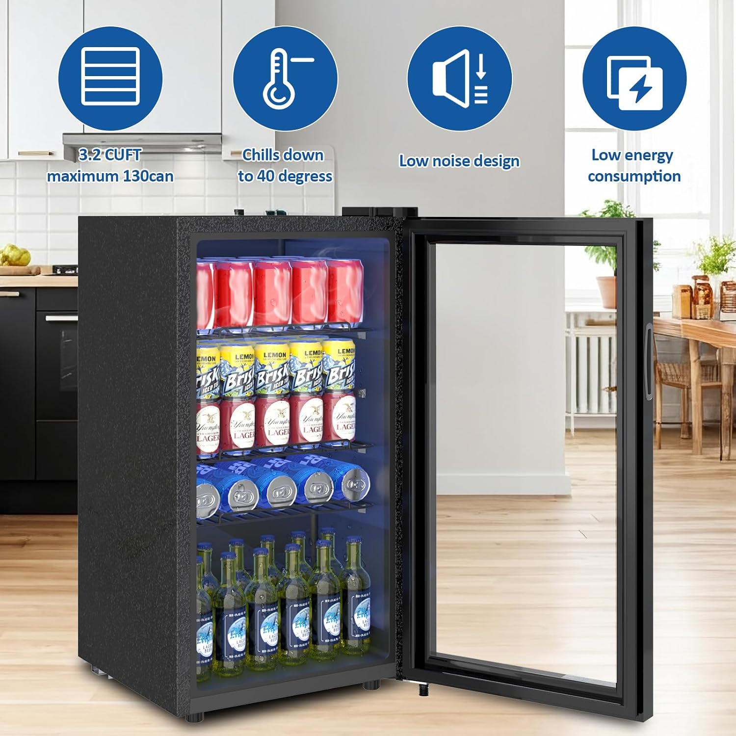 Beverage Refrigerator, 120 Can/3.2 Cu.Ft Mini Fridge with Glass Door and Electronic Temperature Control for Beer, Wine, Soda, Compact Drink Fridge for Home, Office, Bar