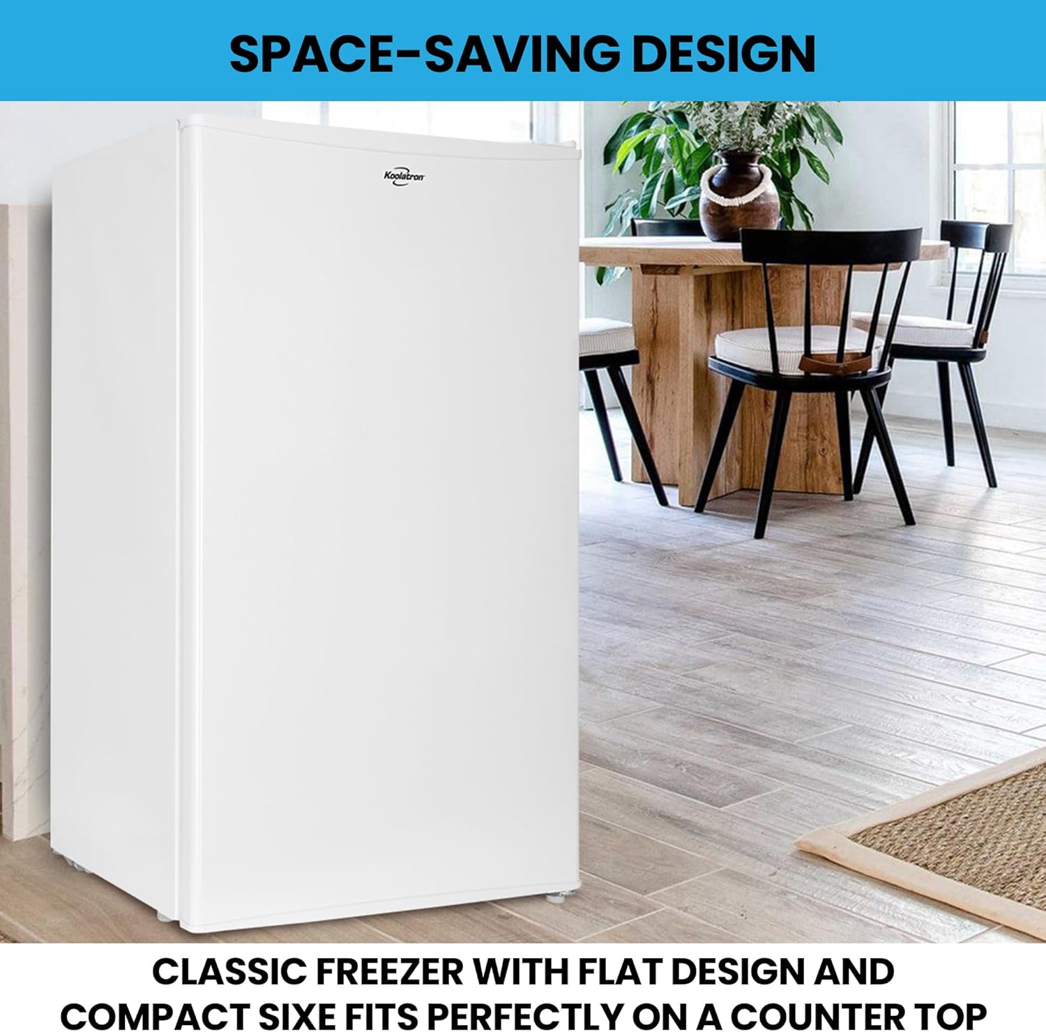 Compact Fridge with Freezer, 3.2 cu ft (91L), White, Space-Saving Flat Back, Reversible Door, Full-Width Freezer, for Snacks, Frozen Meals, Beverages, Beer, Den, Dorm, Office, Rec Room, Home Bar