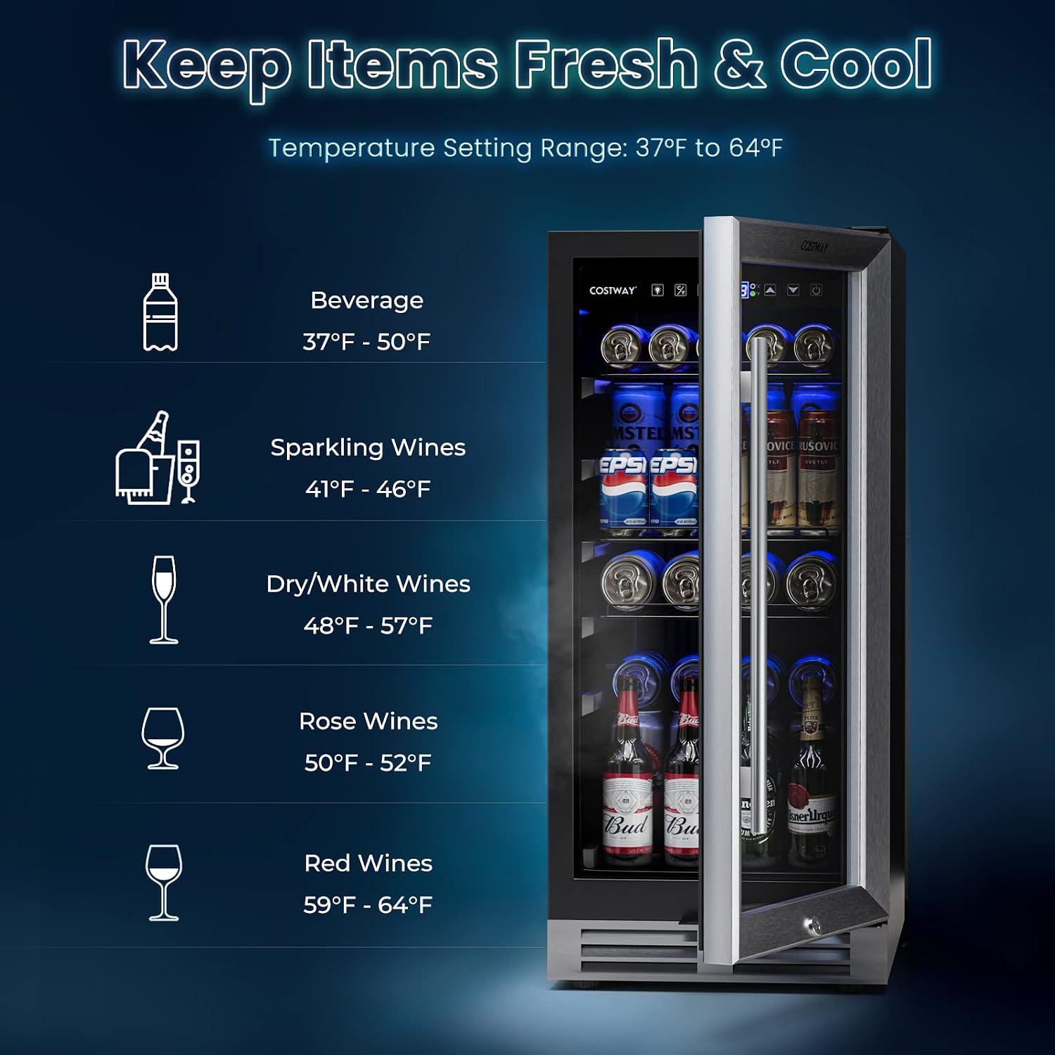 COSTWAY 15 Inch Beverage Cooler Refrigerator - 3.5 Cu.ft Mini Fridge with Glass Door, Lock and Removable Shelves for Soda Beer Wine, Freestanding Small Drink Refrigerator for Home Office Bar