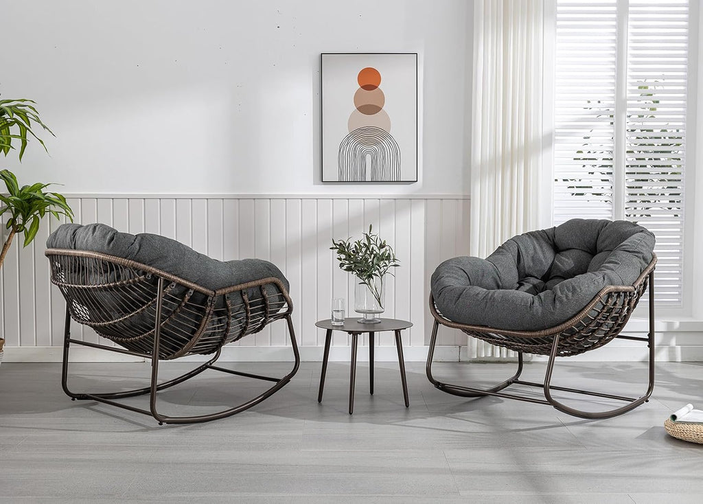 Outdoor Rocking Chair, Patio Oversized Wicker Egg Rocking Chair, Indoor & Outdoor Comfy Rocker Chair with Thick Cushion, Modern Lounge Chair for Balcony, Front Porch, Garden, Backyard, Deck, Grey