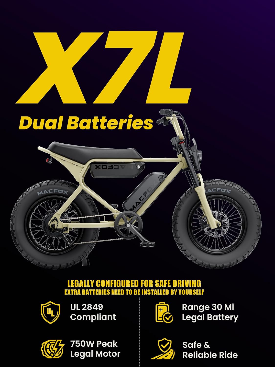 MACFOX X7&X7L Electric Bike for Youth, 750W EBike with Hydraulic Brakes, 48V 13Ah Removable Battery 30 Mile Range, Upgraded 20x5.0 Rear Fat Tire Designed for School/City Commuting (UL2849 & Class-2)