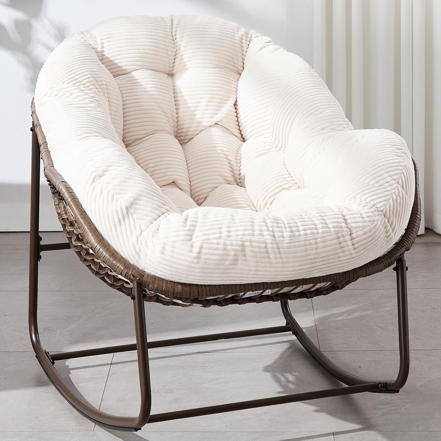 37' Papasan Rocking Chair with Cushion and Steel Frame, Oversized Outdoor Egg Rocking Chair, Rattan Circle Chairs for Grand Patio and Garden (White)