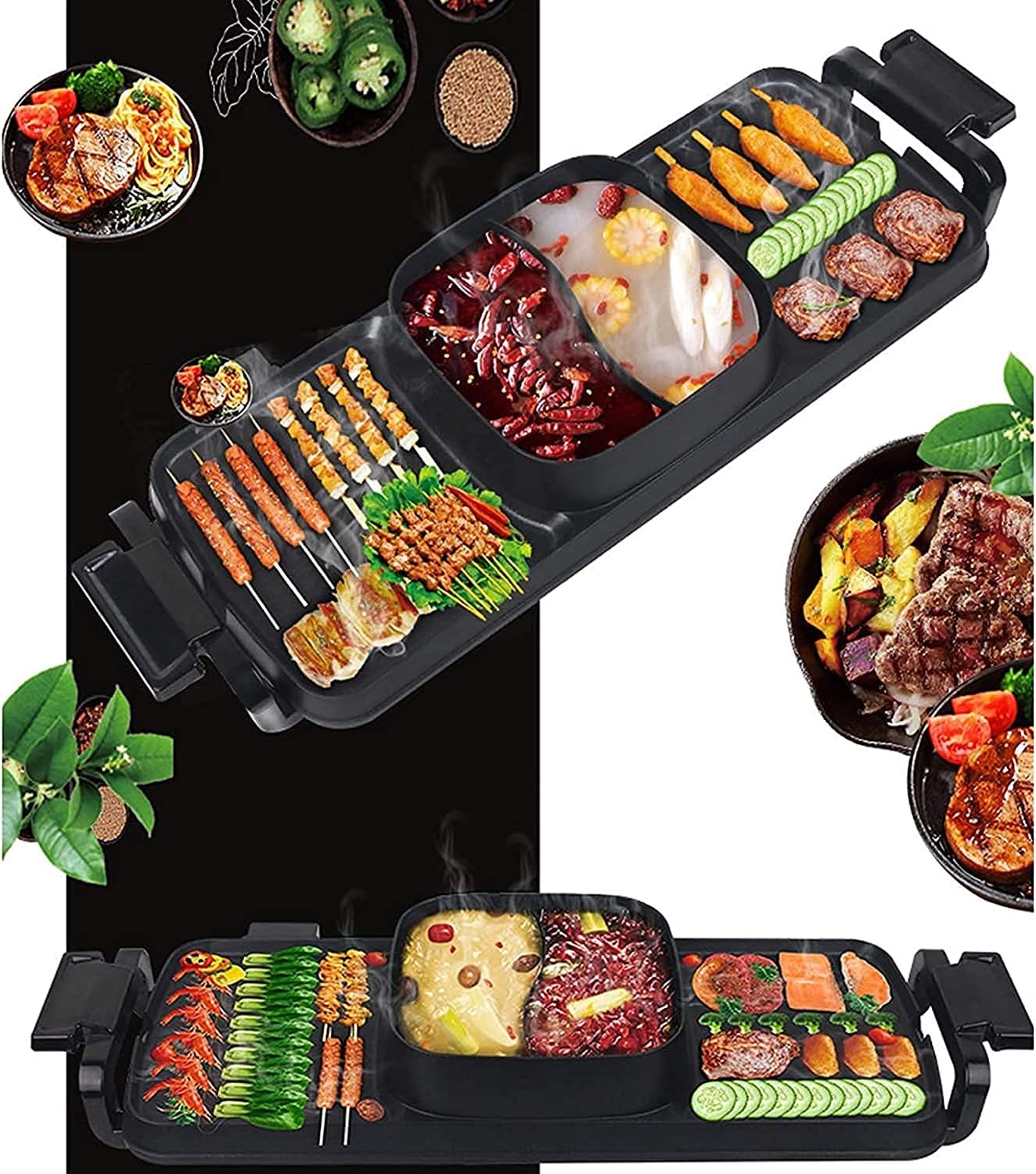 Fondue Electric Grill Hot Pot, 2700W 3 in 1 Electric Smokeless BBQ Grill Shabu Hot Pot with Divider Separate Independent Dual Temperature Control, Non-Stick Pan for 3