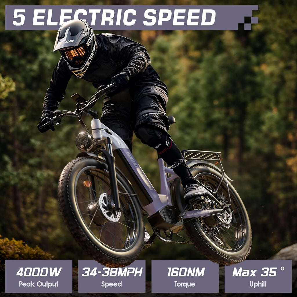 Seemoon Electric Bike,4000W Dual Motor Ebike for Adults,52V 1040Wh Removable Battery E-Bike for Men Women,38MPH Up to 105 Miles,26' Fat Tire Fast Step Thru Electric Bicycle for Commuter