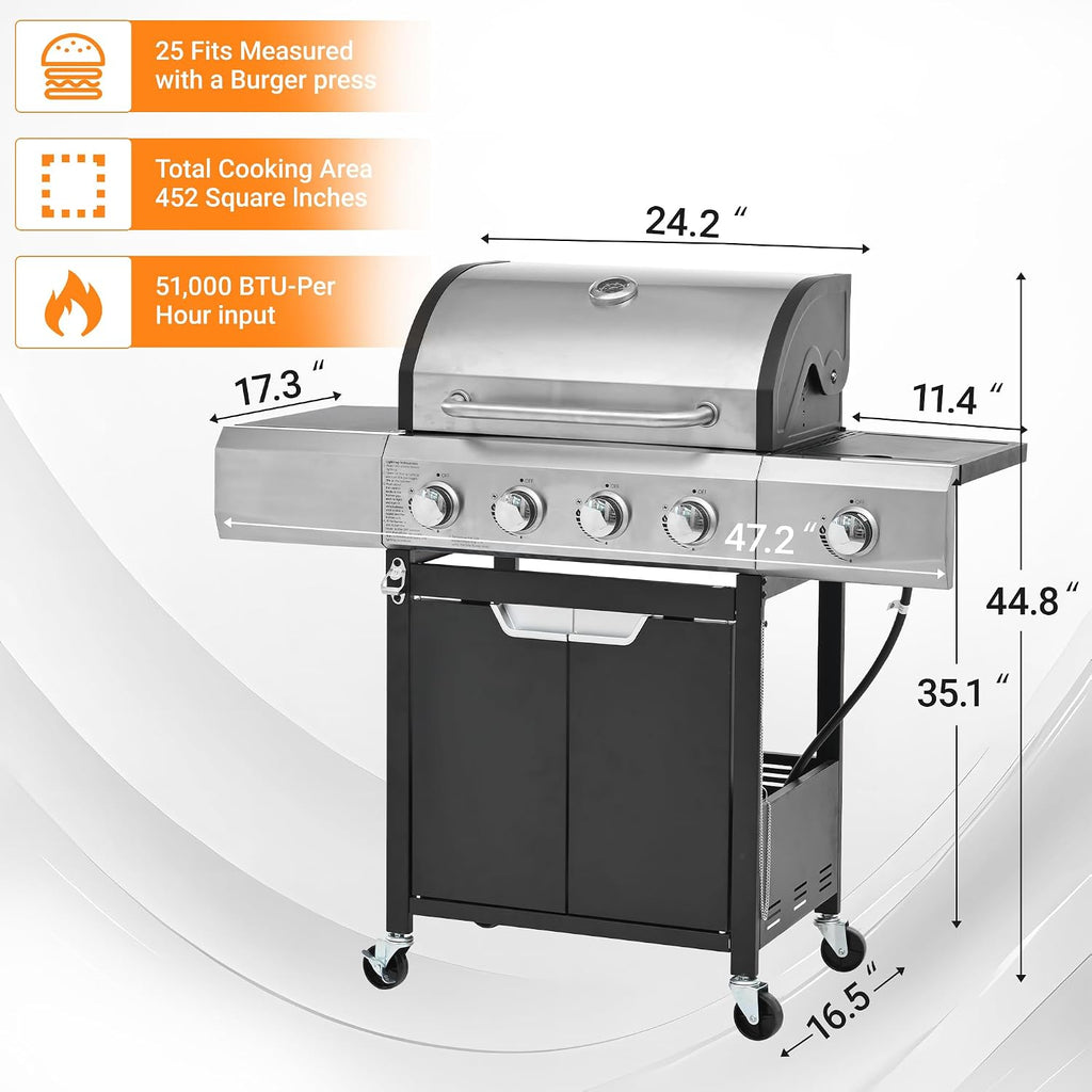4 Burner Propane Gas Grill 51,000 BTU Stainless Steel Barbecue Grill with Side Burner and Cover Portable Outdoor BBQ Grill Flame Regulator and Steel Wire Insulation Frame for Patio Garden Camping