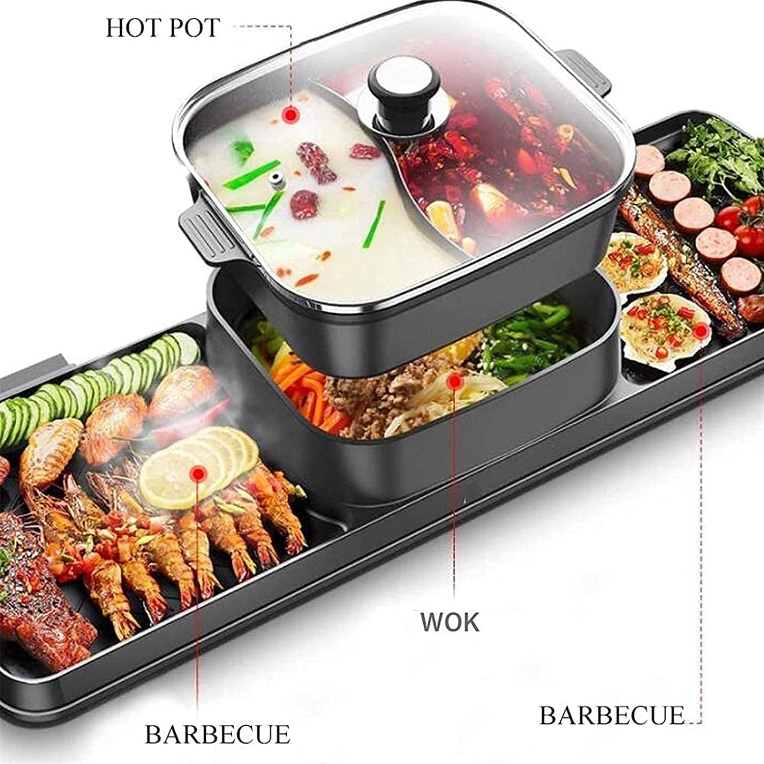 Fondue Electric Grill Hot Pot, 2700W 3 in 1 Electric Smokeless BBQ Grill Shabu Hot Pot with Divider Separate Independent Dual Temperature Control, Non-Stick Pan for 3