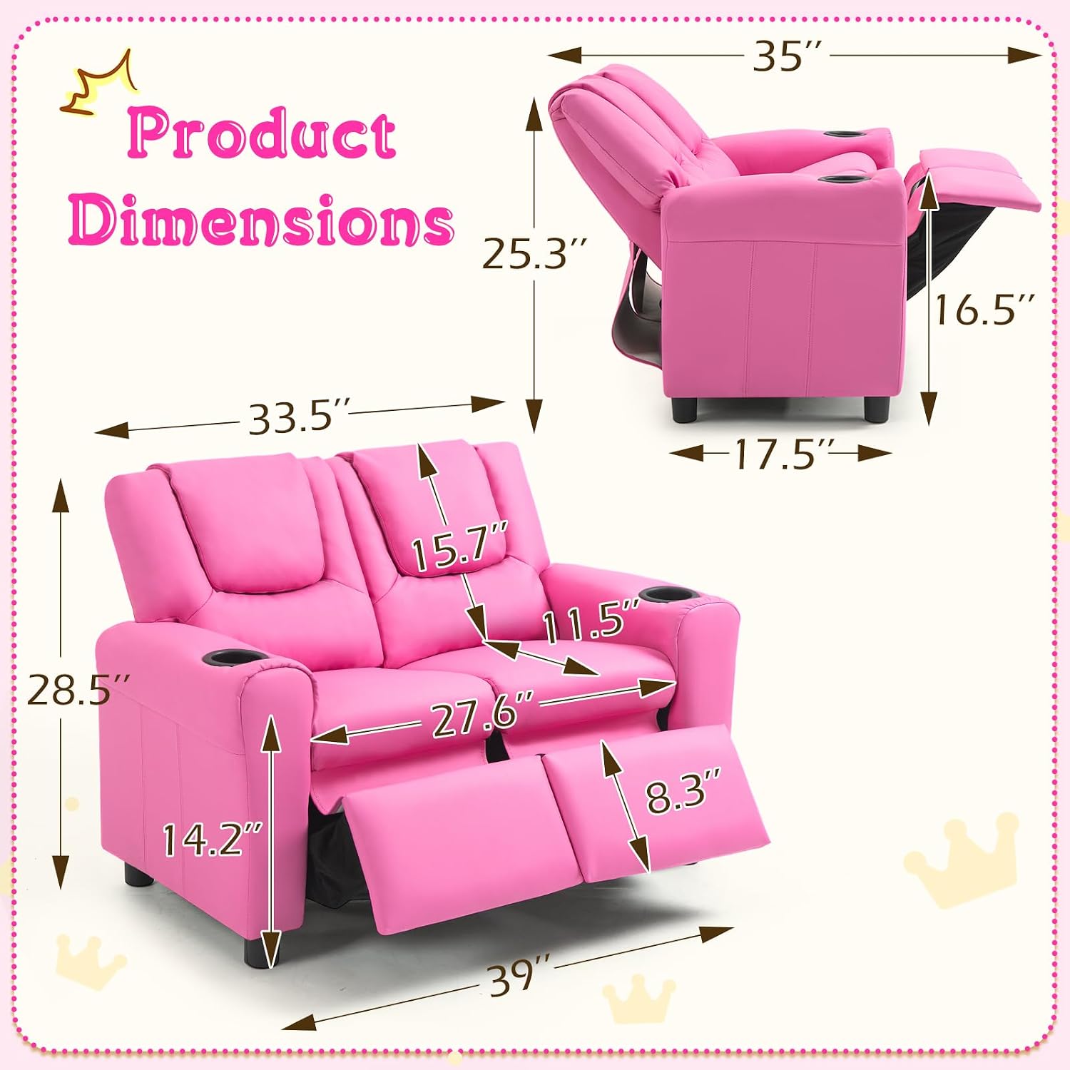 AVAWING Kids Recliner Chair, Double Kids Sofa Chair w/Cup Holder PU Leather, Toddler Loveseat Couch w/Adjustable Footrest & Headrest for Boys Girls 3+ Age Group, Pink