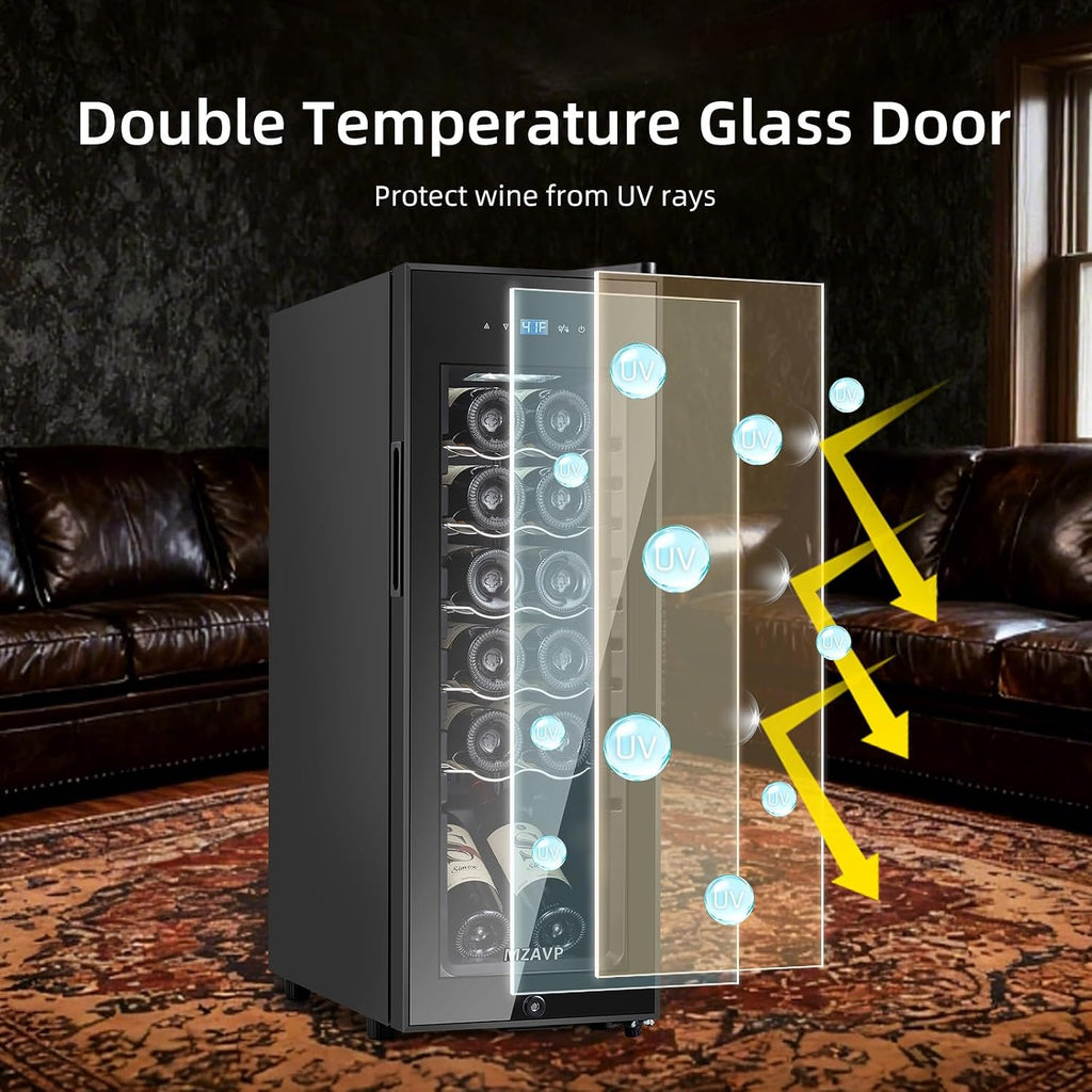 Mini Wine Fridge, 12 Bottle Compressor Wine Cooler Refrigerator, Freestanding Wine Cellar For Red&White Wine, Digital Temperature Control, Removable Shelves, Glass Door