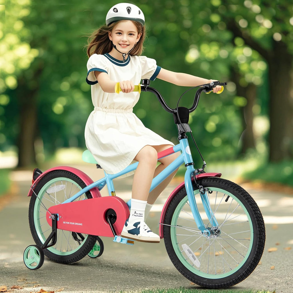 BABY JOY Colorful Macarons Kids Bike, 12 14 16 18 Inch Sporty Children's Bicycle with Training Wheels, Adjustable Handlebar & Saddle, Handbrake & Coaster Brake, Boys Girls Bike for 3-8 Years Old