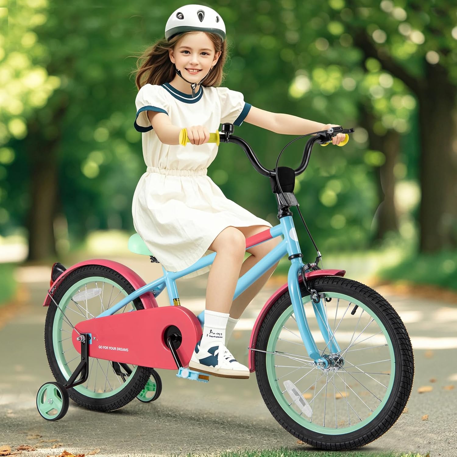 BABY JOY Colorful Macarons Kids Bike, 12 14 16 18 Inch Sporty Children's Bicycle with Training Wheels, Adjustable Handlebar & Saddle, Handbrake & Coaster Brake, Boys Girls Bike for 3-8 Years Old