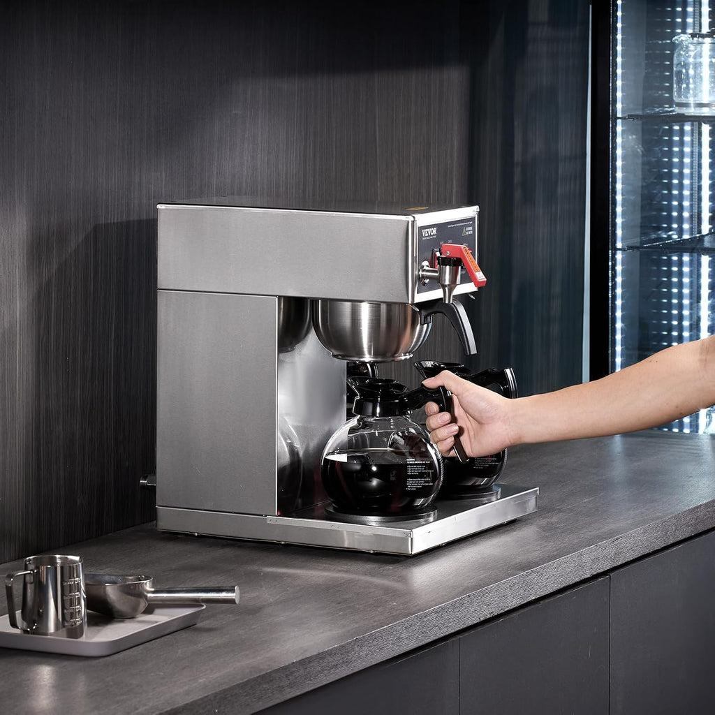 VEVOR 12 Cups Commercial Drip Coffee Maker, Coffee Maker Machine with 3 Glass Carafes and 3 Warmer Plates, Stainless Steel Pour Over Coffee Brewer with Auto Water Intake, for Restaurant Office Cafe