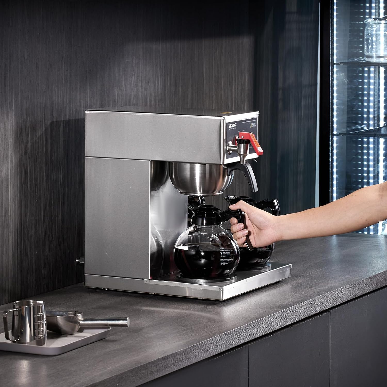 VEVOR 12 Cups Commercial Drip Coffee Maker, Coffee Maker Machine with 3 Glass Carafes and 3 Warmer Plates, Stainless Steel Pour Over Coffee Brewer with Auto Water Intake, for Restaurant Office Cafe