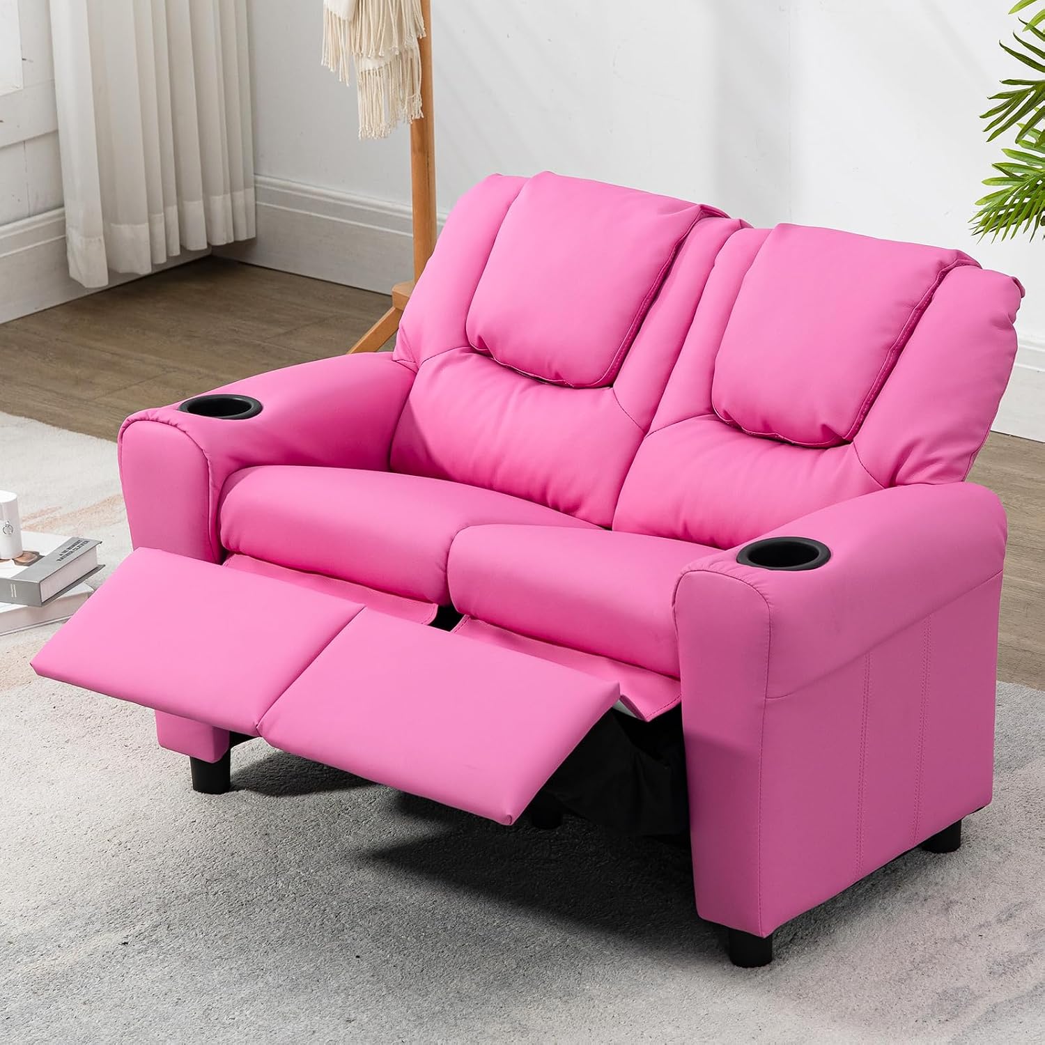 AVAWING Kids Recliner Chair, Double Kids Sofa Chair w/Cup Holder PU Leather, Toddler Loveseat Couch w/Adjustable Footrest & Headrest for Boys Girls 3+ Age Group, Pink