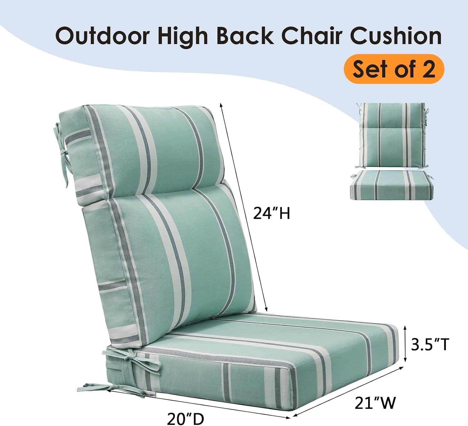 Unimatta Outdoor Separate High Back Chair Cushion Seat Pads, 2-Pack 44 x 21 Inch Water-Repellent & Fade-Resistant Patio Furniture Cushions with Ties for Adirondack, Rocking Chairs, Aqua Stripe