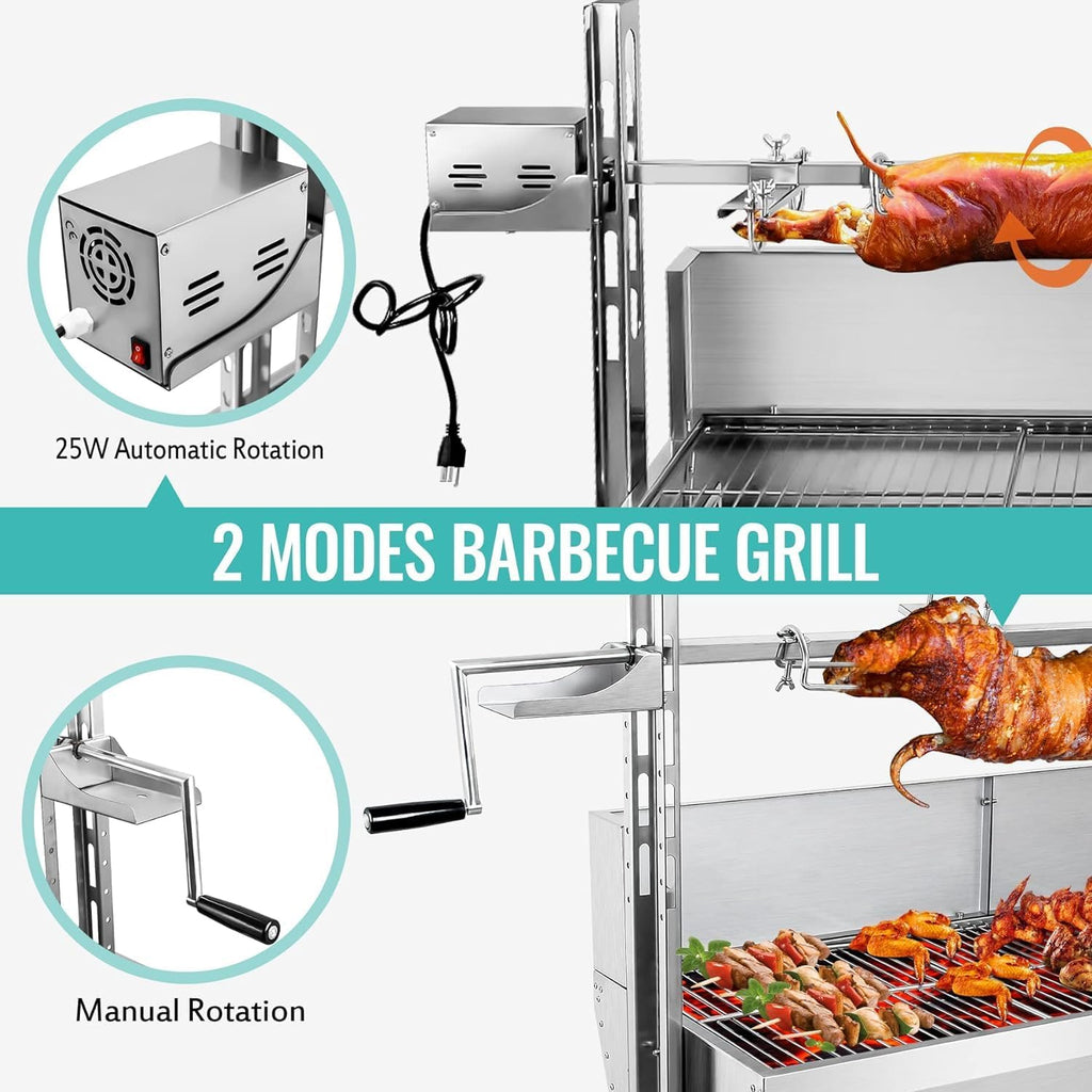 bbq rotisserie grill roaster charcoal roast machine charcoal bearing lamb spit roaster hog roasting machine for outdoor picnic camping height-adjustable (88LBS with baffle)