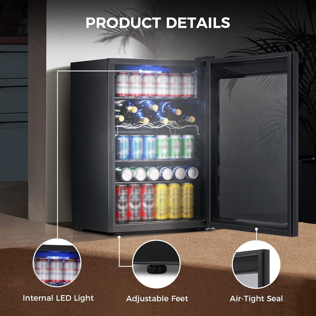 Kismile 4.5 Cu.ft Beverage Refrigerator and Cooler,145 Can Mini Fridge Glass Door with Digital Temperature Display for Soda,Beer or Wine,small Drink Dispenser Cooler for Home,Office or Bar (Black)